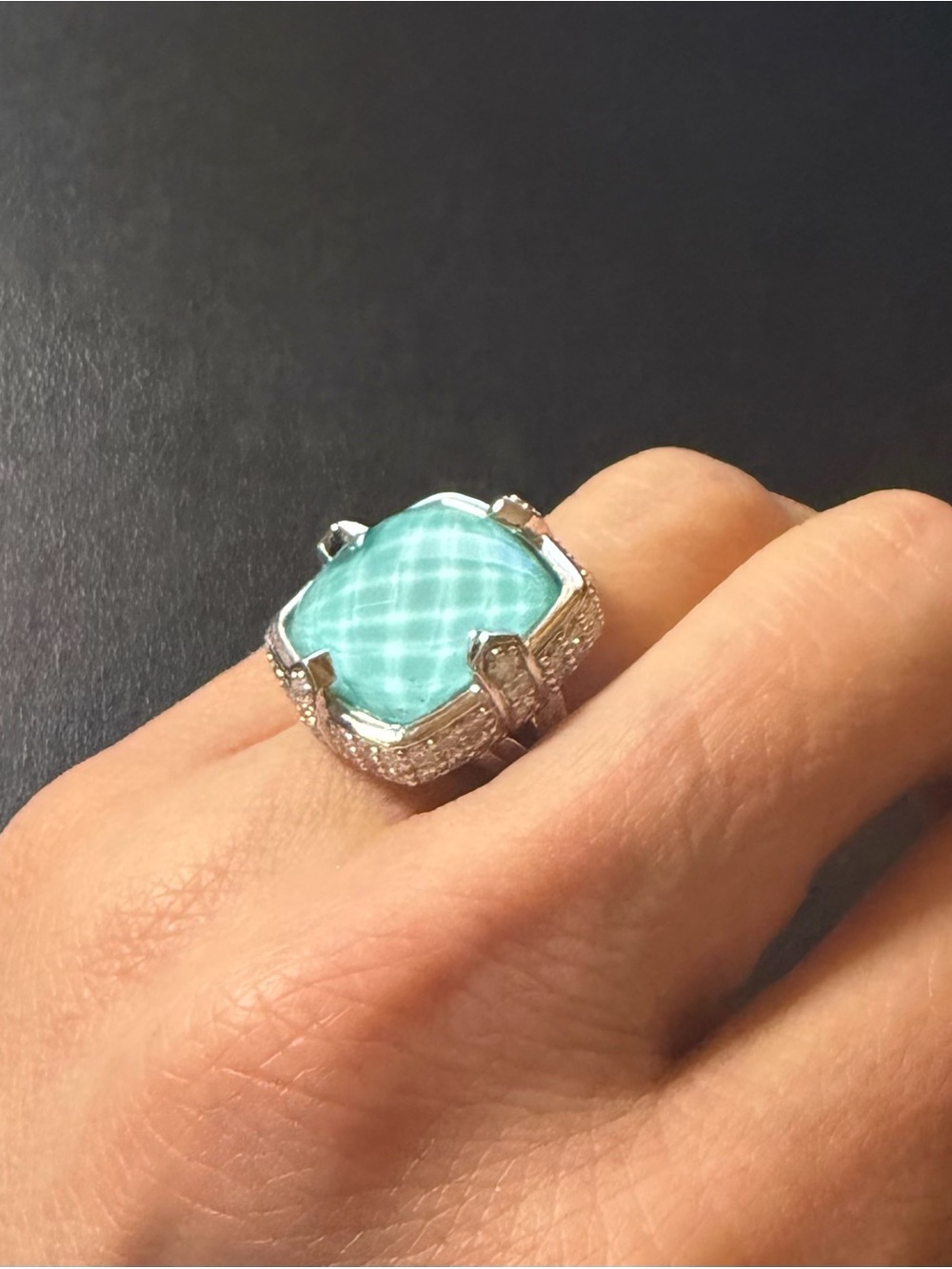Judith Ripka Turquoise Doublet and CZ, Sterling Silver Cocktail Ring, Size 6 - Picture 2 of 10